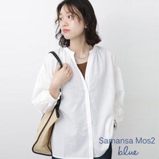 Samansa Mos2 blue 前短後長褶皺落肩剪裁長袖襯衫(FG33L0A0480)