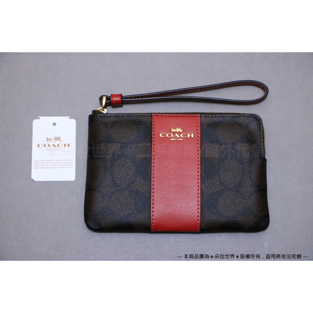 全新正品 COACH 蔻馳 新款馬車C LOGO防刮皮革 手拿包 手機包 深棕配紅色 F58035