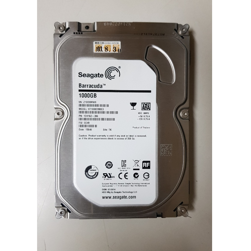 希捷 Seagate 1TB 3.5吋 7200轉 SATA3 硬碟 ST1000DM003 功能正常 2手良品~