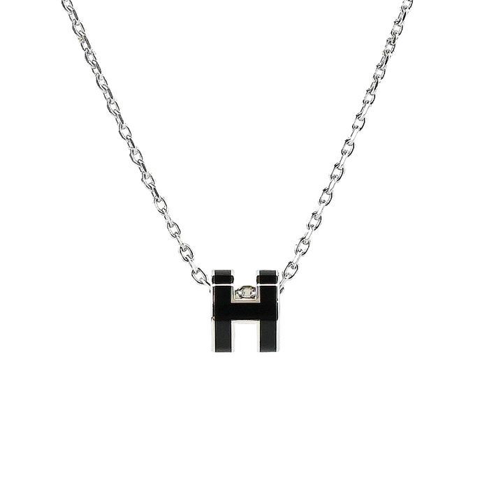 Hermes 愛馬仕 Mini Pop 經典H立體橢圓簍空項鍊 黑銀色