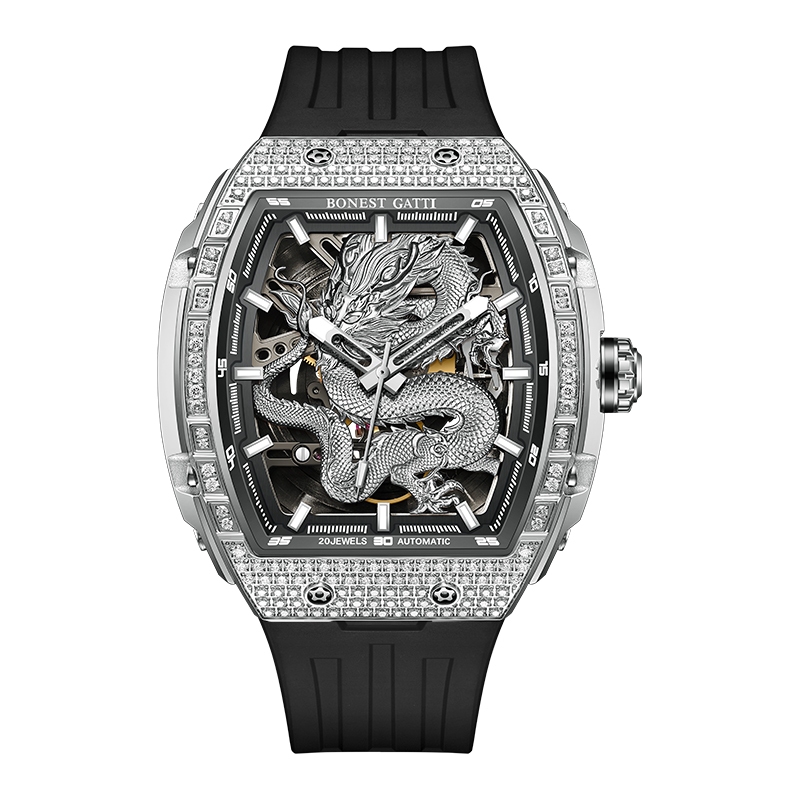 BONEST GATTI |  原廠授權布加迪 生肖款 龍年 爪鑲鑽框 酒桶造型 氟橡膠錶帶 自動上鍊機械腕錶