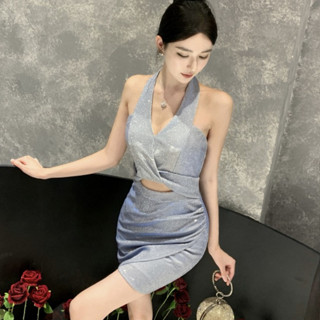 【現貨臺灣 , 免預購】S-L 粉 藍 閃閃亮片 掛脖露背禮服 亮片禮服 性感V領扭結設計禮服連身 春酒尾牙 婚禮洋裝