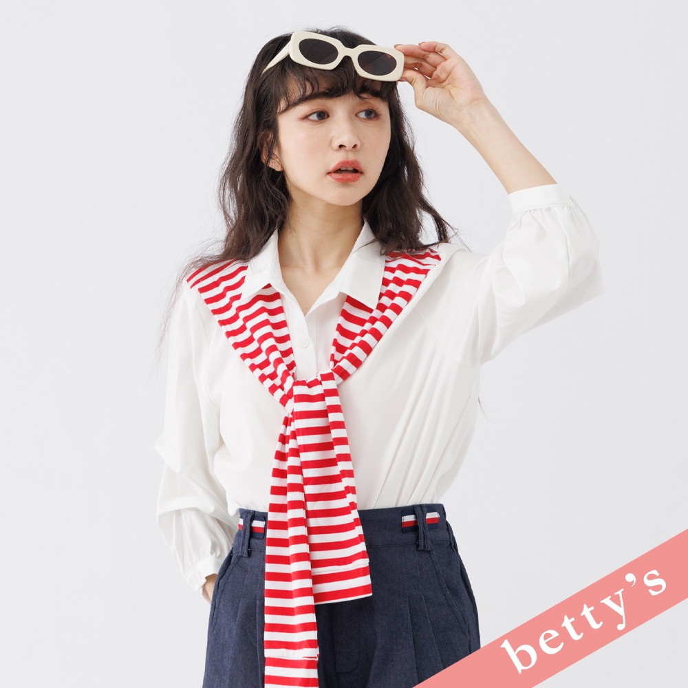 betty’s貝蒂思(31)假兩件條紋披肩抓皺襯衫(米白色)