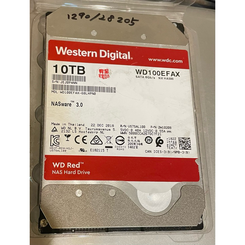 WD100EFAX 紅標 10TB /256MB 3.5吋NAS硬碟(NASware3.0)