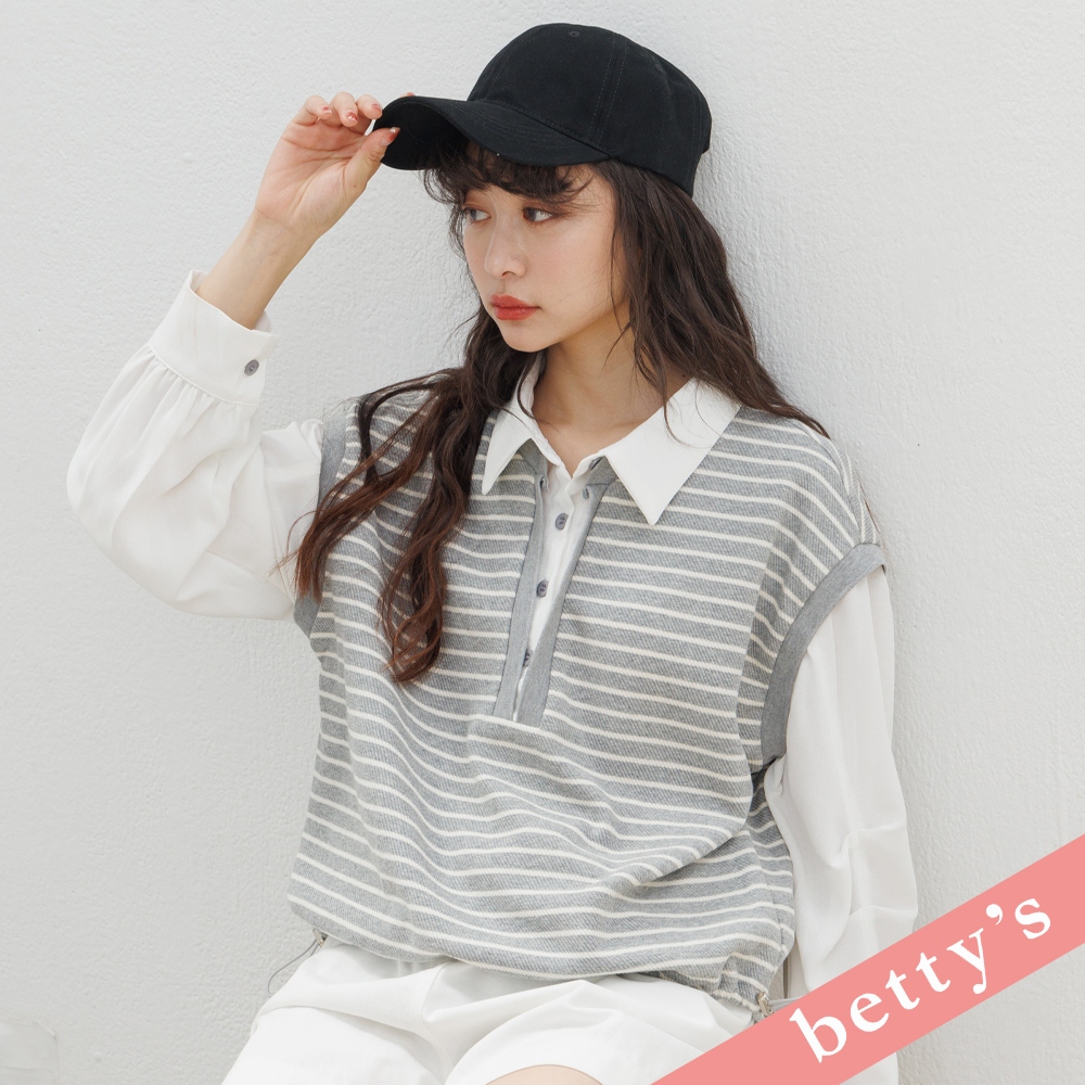 betty’s貝蒂思(31)假兩件半開襟條紋拼接上衣(灰色)