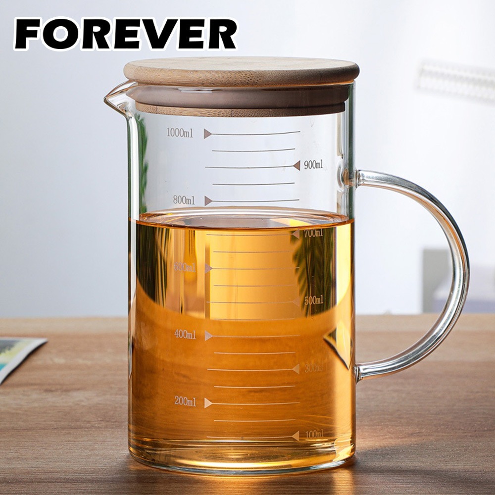 【日本FOREVER】竹蓋可微波耐熱烘焙量杯/公道杯/花茶杯 1000ml