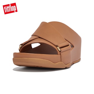 【FitFlop】SHUV LEATHER CROSS SLIDES簡約造型交叉皮革涼鞋-女(拿鐵棕褐色)