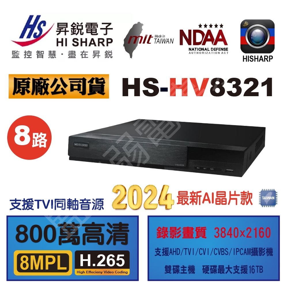 昇銳 8MP HS HV8321 8路 雙碟 錄影監控主機 正5百萬 最新H.265+視頻壓縮技術  八百萬 DVR