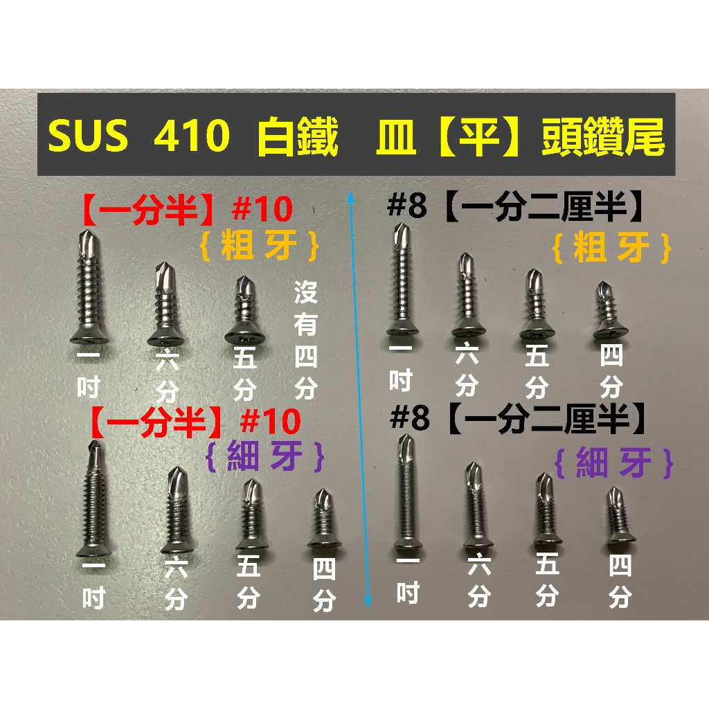 【壁螺村】100支  #10  #8  白鐵 410 皿頭 平頭 沉頭 鑽尾 自攻 螺絲 粗牙 細牙 一分半 一分二厘半