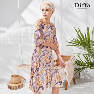 【Diffa】氣質粉花七分袖連身洋裝4768-1701