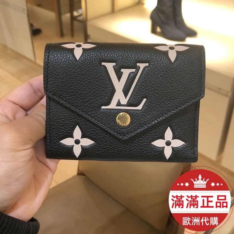 滿滿正品歐洲代購 專櫃商品LV路易威登M80968 VICTORINE 黑色皮革 米白壓花 三折錢包 拉鍊 卡夾短夾二手