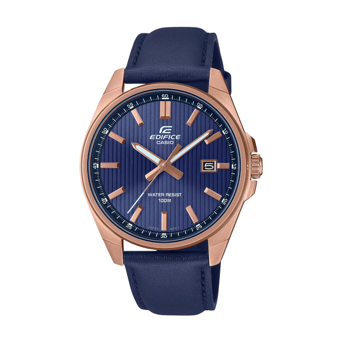 【CASIO EDIFICE】經典簡約日期皮革腕錶-寶藍款/EFV-150CL-2AV/台灣總代理公司貨享一年保固