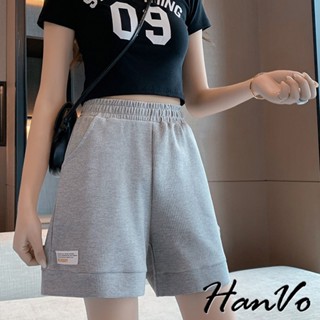 【HanVo】華夫格標籤寬鬆休閒褲 透氣吸濕排汗舒適休閒短褲 日常穿搭 女生下著 A03-2088