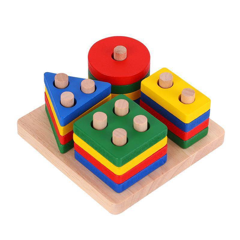 🎀 現貨 🎀 益智形狀套柱 四色積木 木製四柱幾何套柱積木玩具 教具益智玩具 智力幾何形狀 認知配對