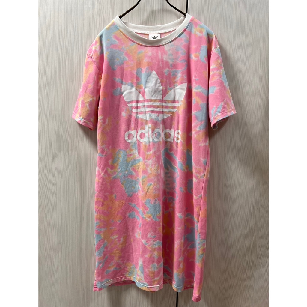 (二手)ADIDAS  女大人粉紅色短袖洋裝 長版上衣  size：L~XL