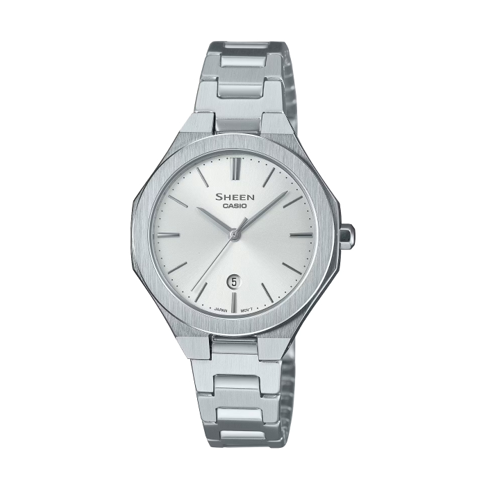 【CASIO SHEEN】現代極簡八角日期不鏽鋼腕錶-經典銀/SHE-4563D-7A/台灣總代理公司貨享一年保固