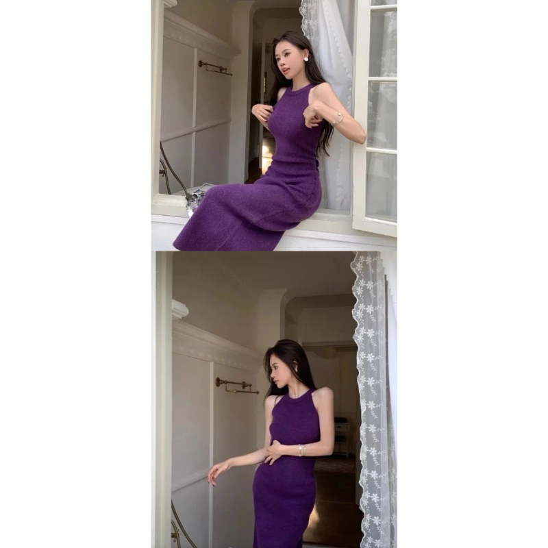 紫色削肩洋裝長洋裝連衣裙洋裝