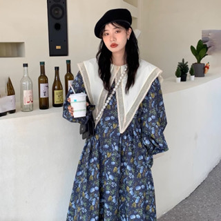 現貨！宮廷風蕾絲大翻領洋裝復古碎花連身裙長裙法式連衣裙藝術生氣質設計感春裝設計感洋裝裙子長袖洋裝碎花洋裝長裙娃娃領洋裝