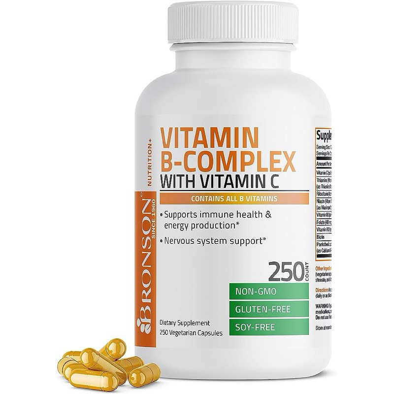 Bronson vitamin b-complex 綜合維他命B,含維他命 C 250 粒素食膠囊 一天一粒
