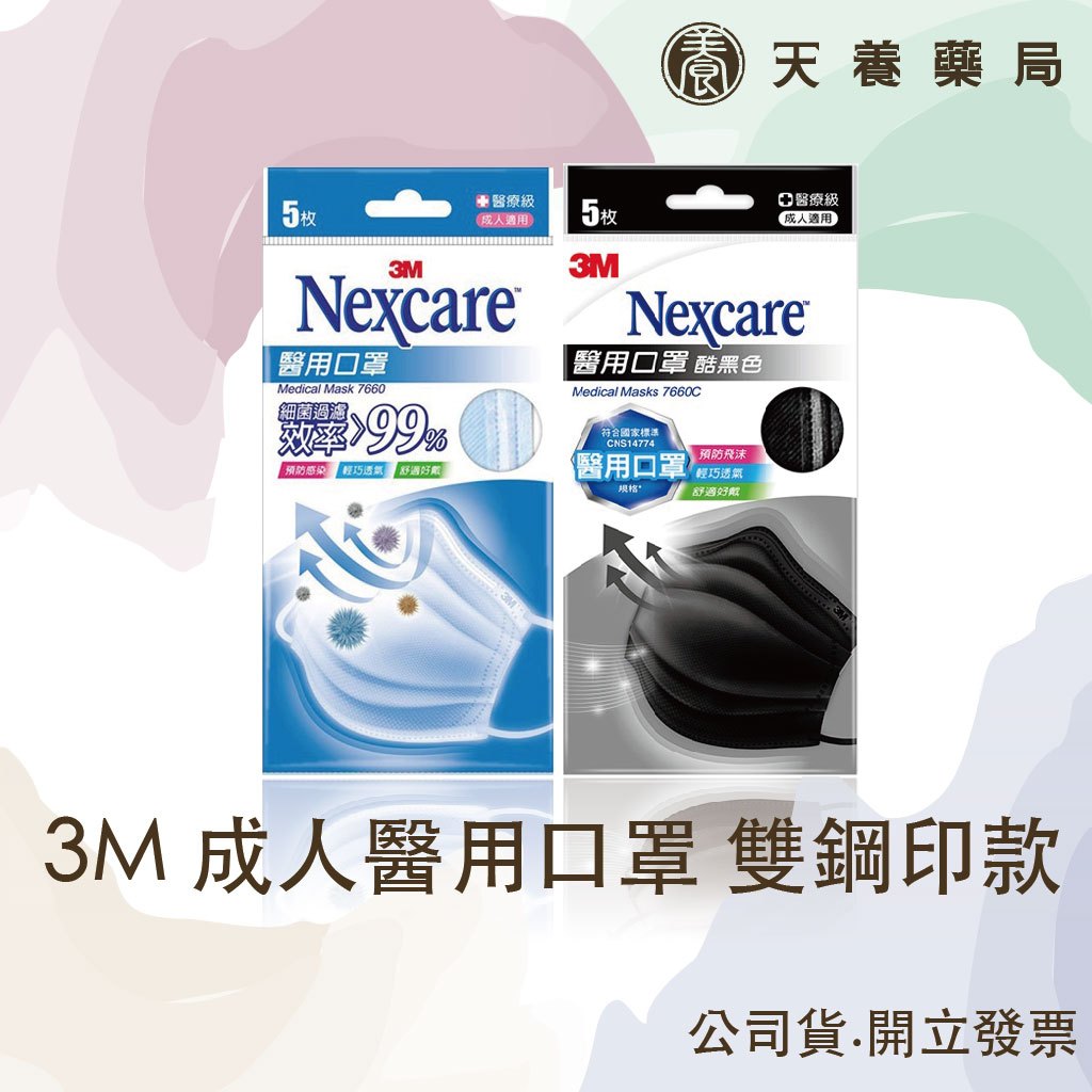 3M『天養藥局』 Nexcare 成人醫用口罩 雙鋼印款 每包5片-黑/藍