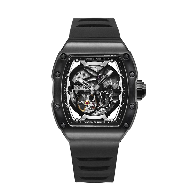 BONEST GATTI | 原廠授權布加迪 黑框x黑色 方型 黑色橡膠錶帶 自動上鍊機械錶