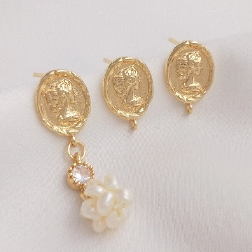 宏雲Hongyun-ala- 保色14K包金女王頭像金幣帶吊耳釘925銀針diy時尚復古耳環耳飾品