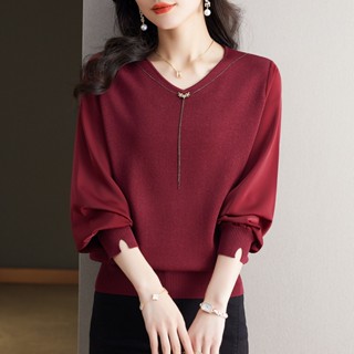 V領上衣 紅色長袖針織衫 秋冬上衣 打底衫 打底衫春秋上衣V領針織衫春裝 新款女裝毛衣TBF19A.2442胖胖美依