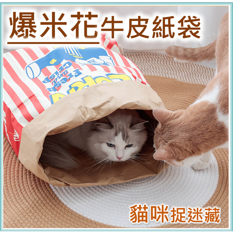⭐現貨⭐爆米花牛皮紙袋 寵物窩 貓窩 狗窩 貓隧道 簡單實用 貓躲藏 貓紙袋玩具 貓咪玩具 貓玩具 紙袋玩具 貓睡窩