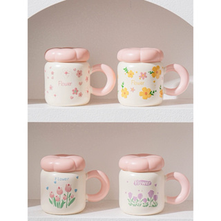 可愛花朵陶瓷馬克杯 咖啡杯 附櫻花金屬湯匙 馬克杯 杯子