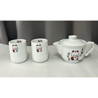 日本瓷器茶壺茶杯組 日本招財貓瓷器