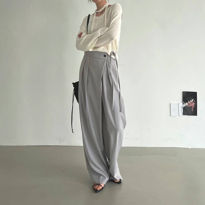 Neue 正韓服飾 設計師品牌 Lamagie Femme 斜釦綁帶垂感西裝褲