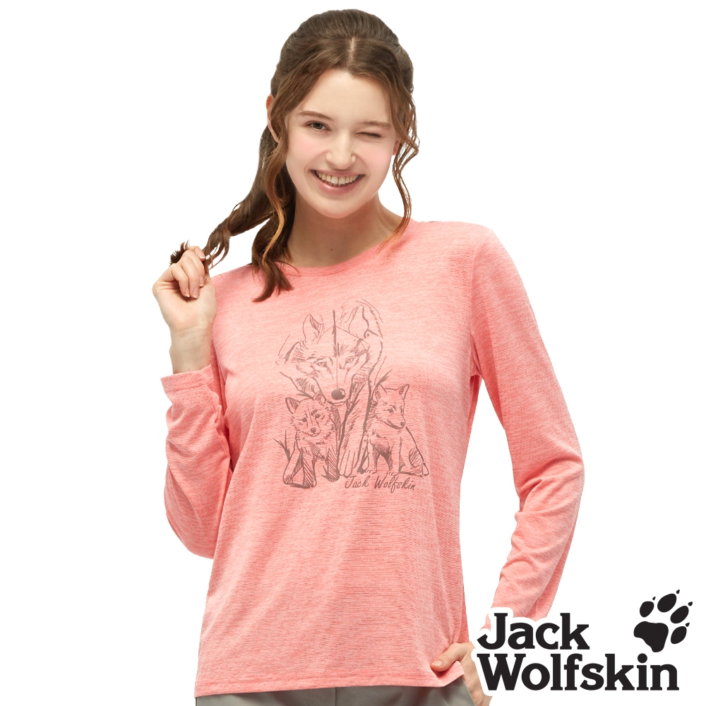 【Jack wolfskin 飛狼】女 溫馨狼家族印花長袖排汗衣 T恤『粉橘』