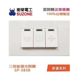 【樹榮電工SUZONE】三開電燈開關/100%台灣製造/新普系列 SP-5838 含雷雕圖