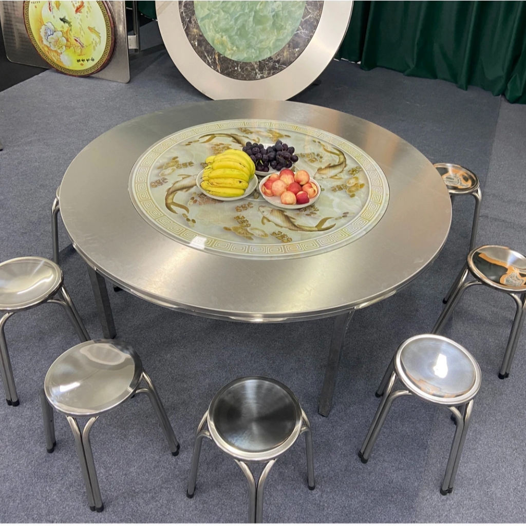 台灣現貨 免運 3D彩圖不鏽鋼餐桌 一體折疊內置轉盤桌 白鐵桌 1.8米 1.5米 1.3米 1.2米餐桌 免安裝