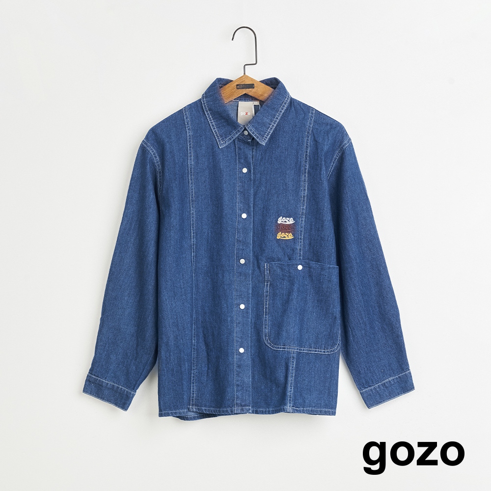 【gozo】➤gozo三次方長袖牛仔襯衫(深藍_F) | 牛仔 修身 休閒