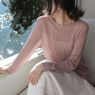 罩衫 薄外套 空調衫微透百搭T卹針織上衣女春夏 新款坑條紋鏤TBF19A.2468胖胖美依