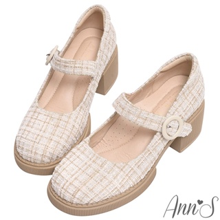 Ann’S愛豆日常-小香毛呢厚底粗跟瑪莉珍樂福鞋6cm-米白