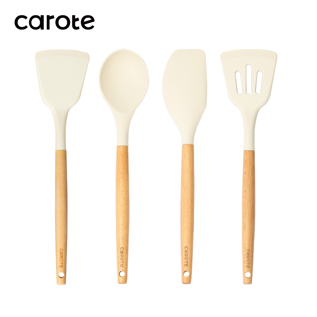【CAROTE】橡膠木手柄矽膠廚具4件組不沾鍋專用 耐高溫 安全 無毒 料理 多功能廚房配件組