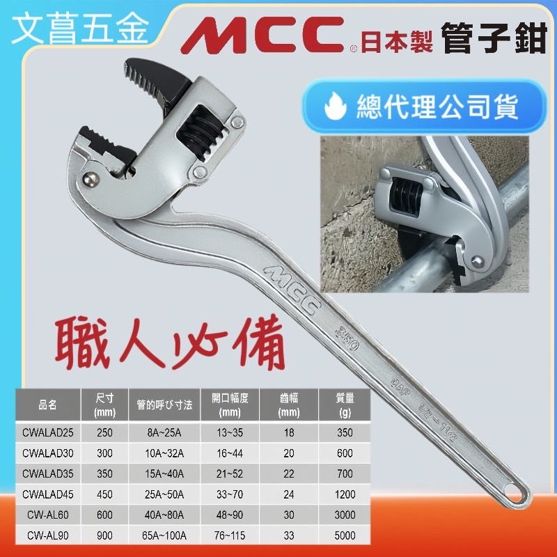 日本製 MCC CW-ALAD鋁柄萬能角度鉗 鋁柄管子鉗 鋁柄管子鉗 鋁柄管鉗 鋁柄角度鉗 角度鉗 管子鉗