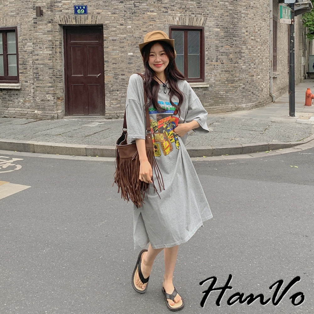 【HanVo】美式零食趣味設計連衣裙 百搭舒適簡約連衣裙 韓系女裝洋裝 女生衣著 3715