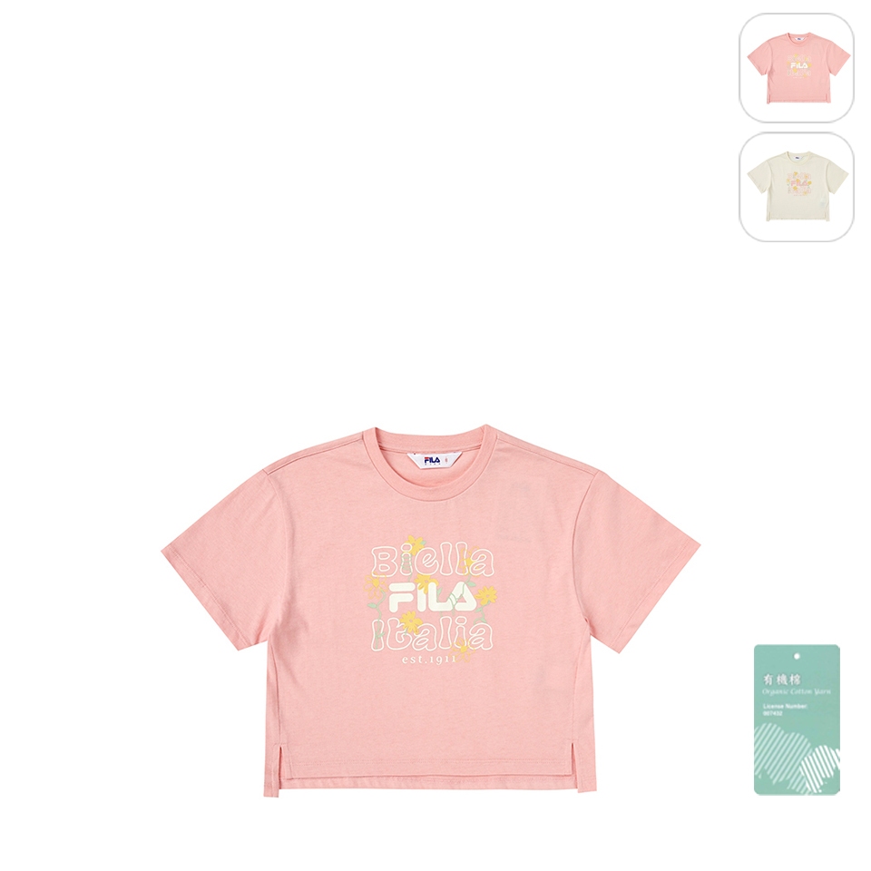 【FILA】KIDS 女童款 純棉 短袖 運動圓領上衣-粉色 5TEX-4305-PK