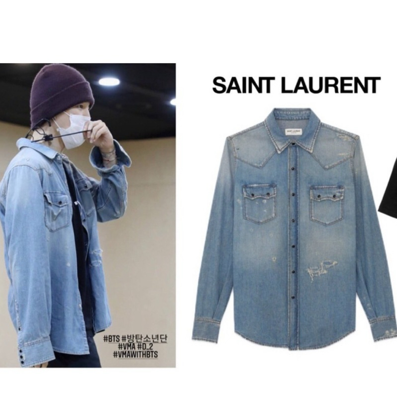 法國Saint Laurent YSL 聖羅蘭 破壞牛仔長袖襯衫 單寧 義大利製 防彈少年團朴智旻著用 淺藍丹寧 薄外套