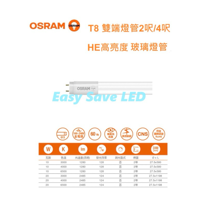 含稅 OSRAM 歐司朗 LED T8 保固2年 HE高亮 雙端燈管 2呎/4呎 (黃光/自然光/白光) 全電壓