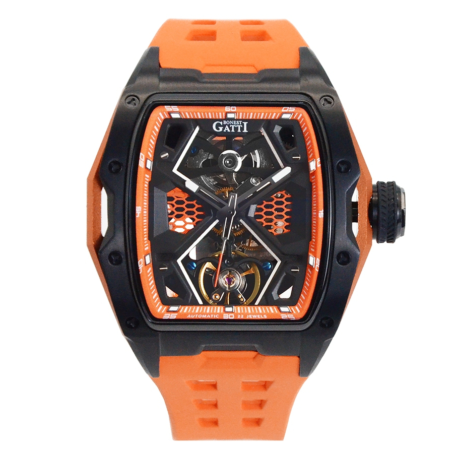 【For You】BONEST GATTI 布加迪 原廠授權 - 橘色系黑框 鏤空酒桶造型 橘氟橡膠錶帶 機械錶