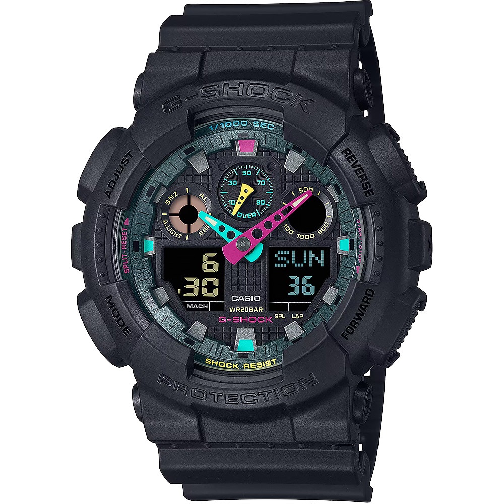CASIO 卡西歐 G-SHOCK 虛擬世界 霓虹科幻雙顯手錶 GA-100MF-1A