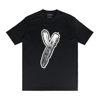 Y-3 前後藝術白字LOGO設計前短後長純棉短袖T恤(男女款/黑)