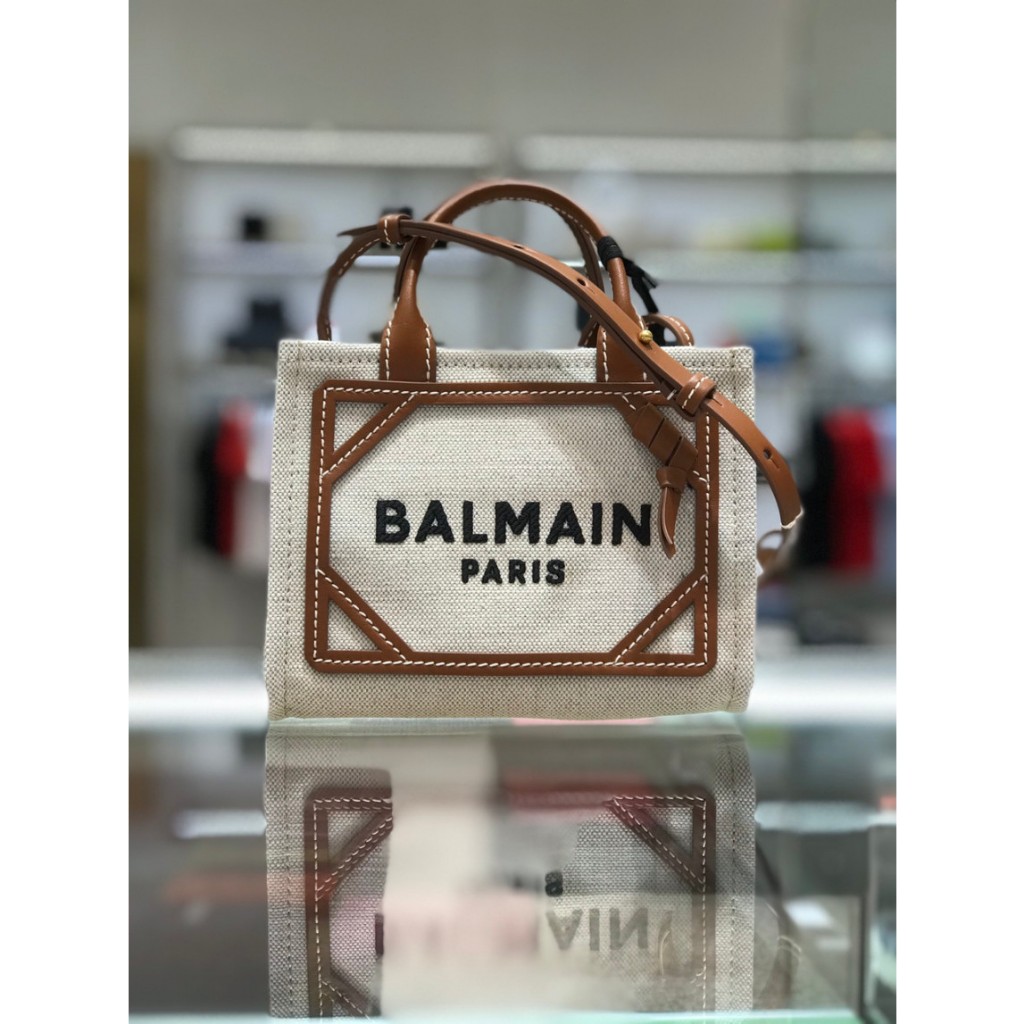 Balmain B-Army 皮革鑲嵌迷你帆布購物包 棕色《2024季度新品》