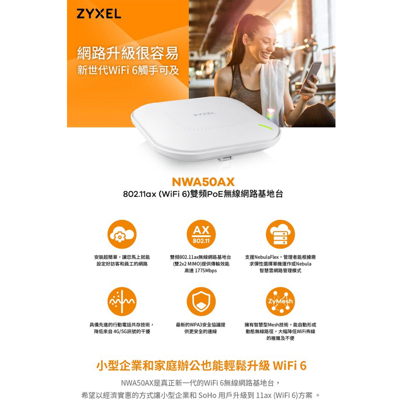 Zyxel合勤 NWA50AX 商用雙頻Wi-Fi6 AX1800無線網路PoE基地台AP