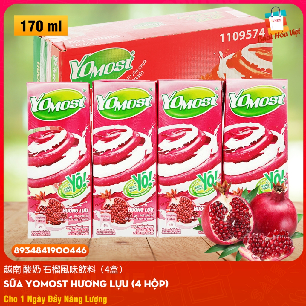 Sữa YOMOST Hương Lựu (Lốc 4 Hộp 170ml) 越南 酸奶 石榴風味飲料 4盒