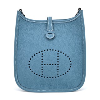 Hermes 愛馬仕 Evelyne 16cm T/C H LOGO迷你牛皮布款背帶斜/肩揹包(EB牛仔藍/W刻/銀釦)